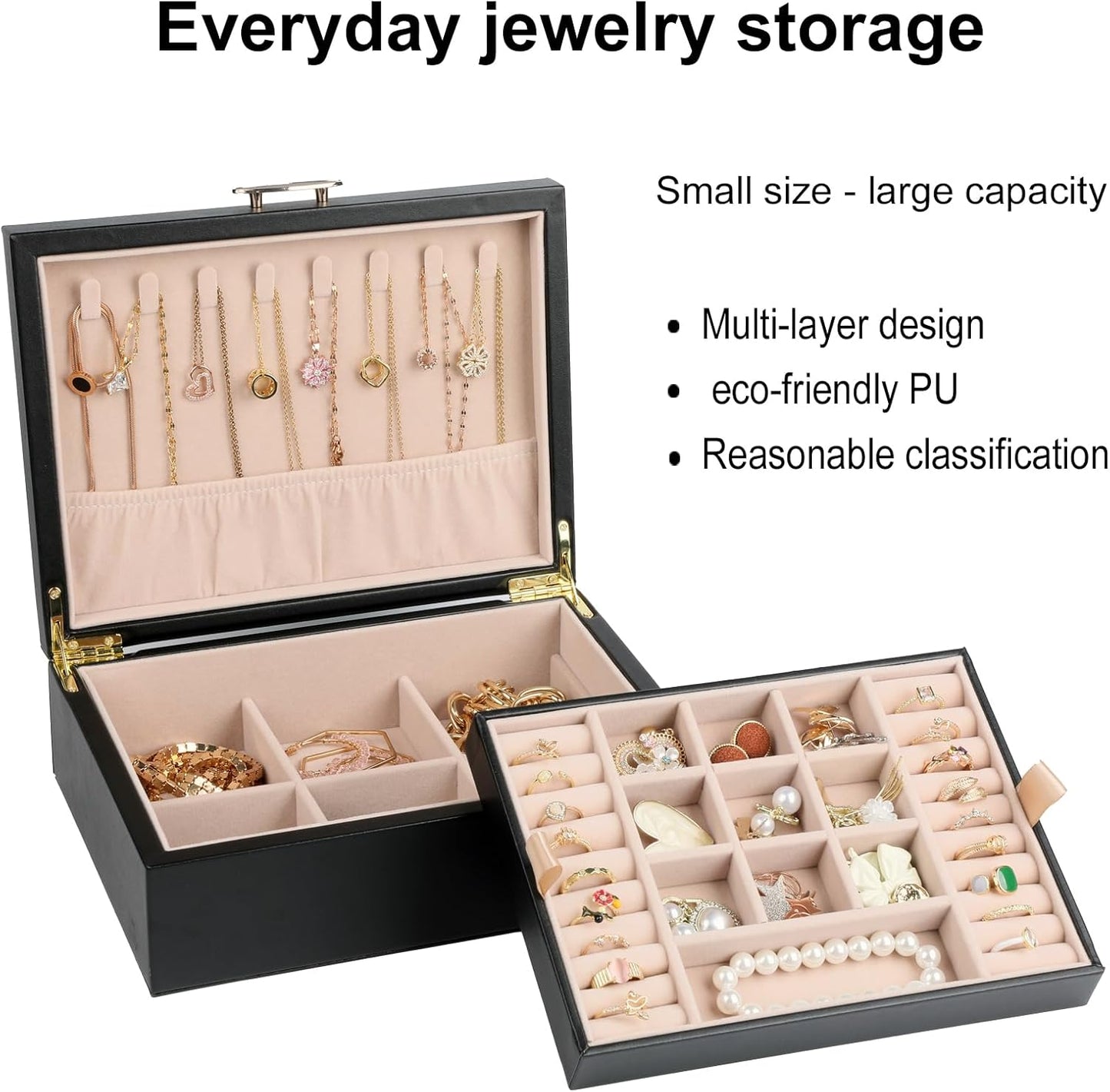 Small Jewelry Organizer for Women, 2-Layer Travel Jewelry Box with Portable Case, Necklace Ring Storage for Dresser, Girls Teens Gifts (Black)