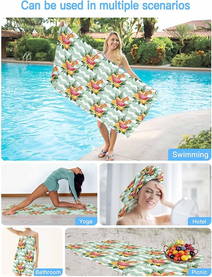 Summer Lemon Watermelon Beach Towel 35" x 71" Tropical Plants Quick Dry Sand Free Pool Towels Green Waves Stripes Soft & Absorbent Compact Towels Beach Accessories for Travel Bathroom Swimming Pool