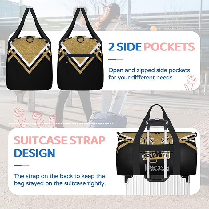 Custom Cheerleading Dance Bag, Personalized Large Sports Gym Travel Sleepover Duffle Bag with Name for Trip, Yellow Gold Glitter Black Cheer