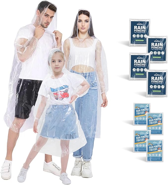 Disposable Rain Ponchos for Kids,Rain Ponchos Family Pack,Clear Kids Ponchos,Individually Wrapped.