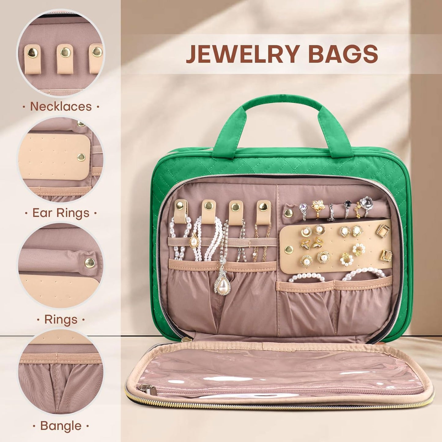 Toiletry Bag for Women with Jewelry Organizer Compartment, Travel Makeup Cosmetic Bag with Hanging Hook for Full-sized Toiletries, Shampoo - Green