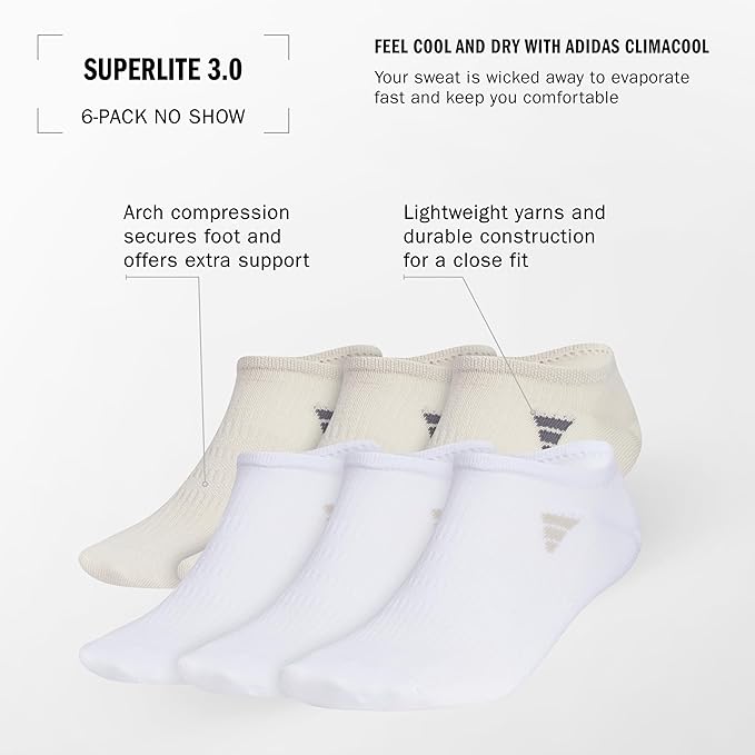 adidas Men's Superlite No Show Socks (6 Pairs) Lightweight & Breathable