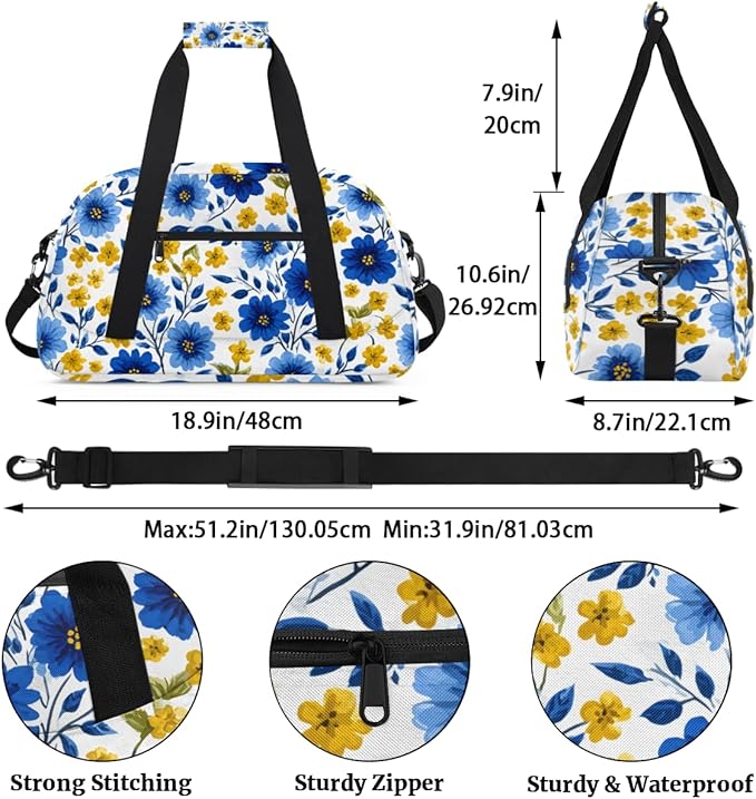 Yellow Blue Flowers Gym Travel Duffle Bag for Women & Men with Front Zipper Pocket for Sports, Overnight, Weekender, Carry On,Workout & Dance Bag,Florals Flower Daisy,18.9 * 8.7 * 10.6 in