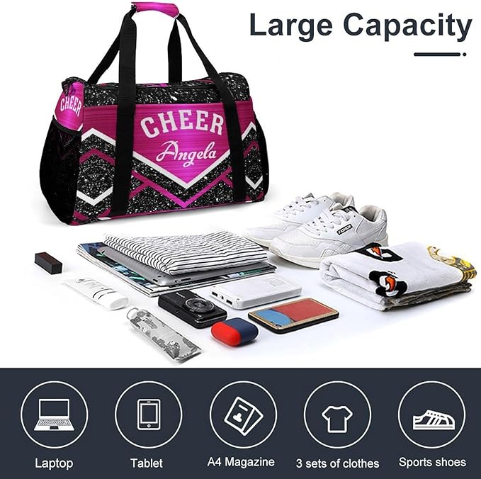 Personalized Cheerleaders Pink Red Fuchsia Cheering Duffle Bag with Adjustable Shoulder Strap Tote Bag for Women Man Workouts Custom Travel Perform Bag