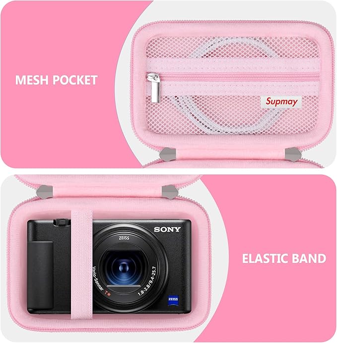 Hard Travel Case for Sony ZV-1F / ZV-1 / ZV-1 II Digital Camera, Storage Holder Travel Bag with Zipper Mesh Pocket for Battery Pack, Charging Cable, USB Card, Pink