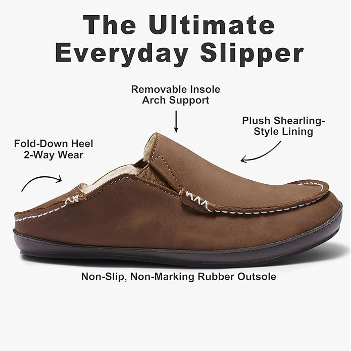 Men’s Premium Everyday Moccasin Slippers Crafted Leather Upper Plush Shearling-Style Lining Removable PU Arch Support Insole with Deep Heel Cup Non-Slip Non-Marking Rubber Sole Fold-Down Heel Indoor Outdoor