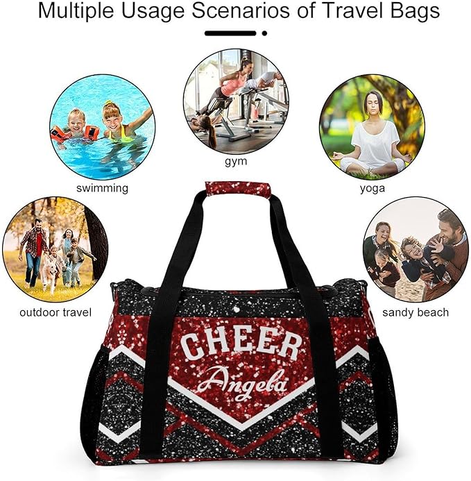 Cheer Red Black Maroon Glitter Print Waterproof Duffel Bag Adjustable Shoulder Strap Perform Training Travel Bag for Teens Adults Women Men Tote Bag