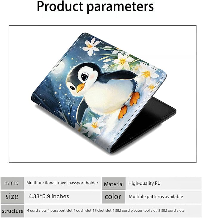 Passport Holder Wallet Cover Case,RFID Blocking Passport Cover,Large Capacity Travel Wallet with Multi Card Slots (Cute Penguin Illustration)