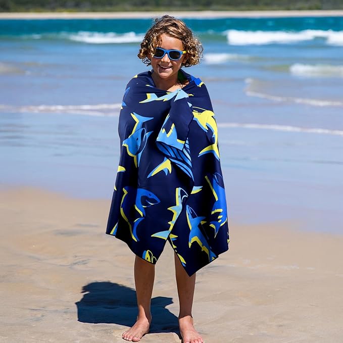 MelonBoat Large Microfiber Beach Towel: Bright Yellow Blue Shark Beach Towel for Travel, Super Absorbent Quick Dry Sand Free, Lightweight Compact for Kids Trip Vacation Bath Camping Pool Swim, 1 Pack