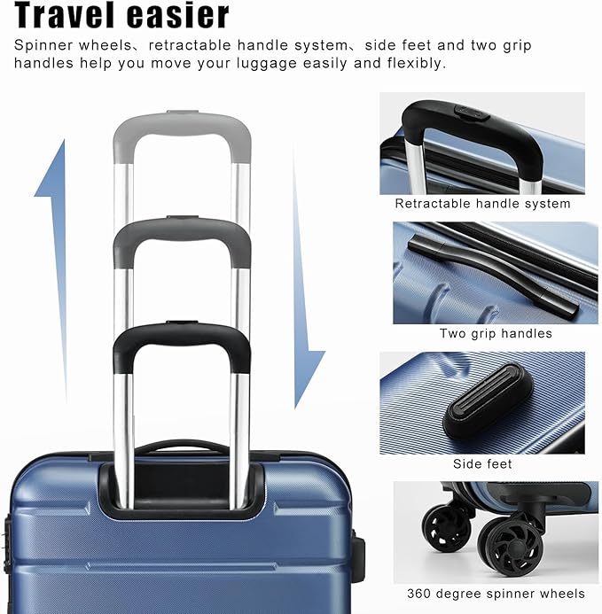Coolife Luggage 3 Piece Set Suitcase Spinner ABS+PC Hardshell Lightweight TSA Lock USB Port, 20in 24in 28in Carry on Expandable (only 28’’), Ice Blue