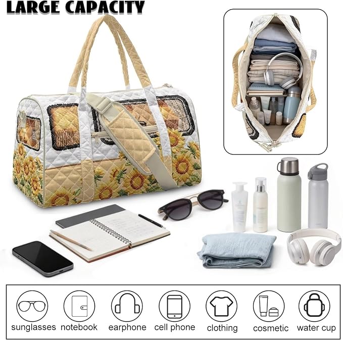 COEQINE Beige Sunflower Camper Van Duffle Bag for Women Travel Quilted Tote Bag Large Car Themed Carry on Luggage Duffle Bag with Toiletry Bag Weekender Overnight for Workout