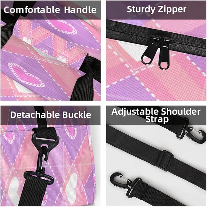 Gym Bag for Women Men, Pink Heart Diamond Travel Duffle Bags for Dance Ballet Overnight, Carry-On Weekender Bag with Detachable Shoulder Strap