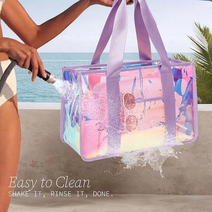 Iridescent Clear Beach Bag for Women, Large Pool Tote Cruise Vacation Essentials - Waterproof, Zipper Closure