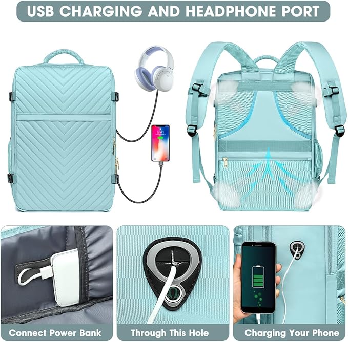 Large Carry On Travel Backpack - Flight Approved Waterproof Luggage Suitcase Backpacks Personal Item Size for Women Fit 17 Inch Laptop College Overnight Bag Anti-Theft Weekender Daypack Light Blue