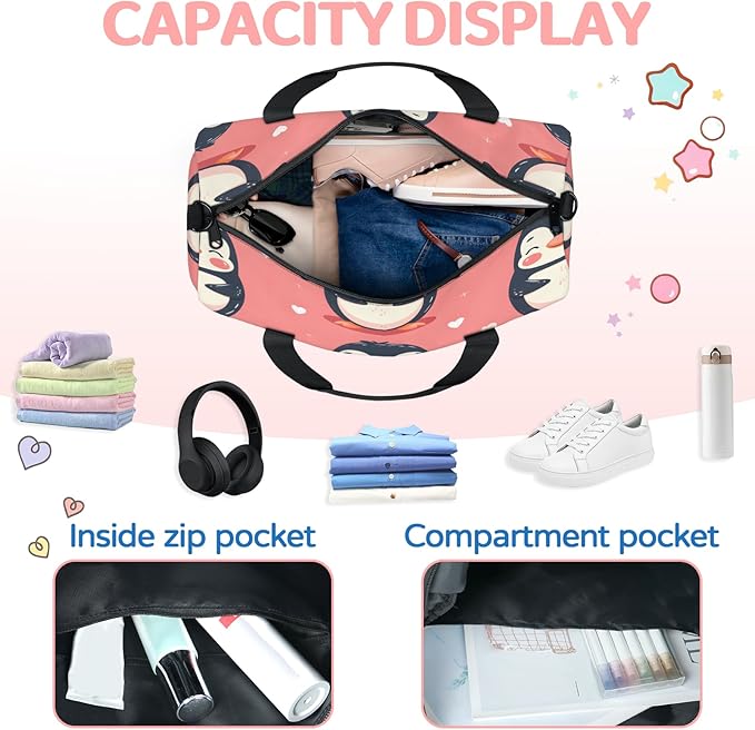 Cute Funny Penguins Travel Duffle Bag for Women Men, Overnight Weekender Bag, Carry on Tote for Sport Gym