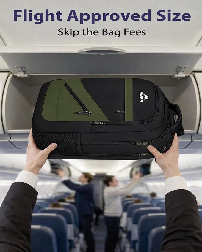 MATEIN 17 Inch Laptop Backpack for Work, Airline Approved Carry On Travel Backpack with Anti Theft Pocket and Luggage Strap, Water Resistant College Computer Daypack Gifts for Men Women, Black Green