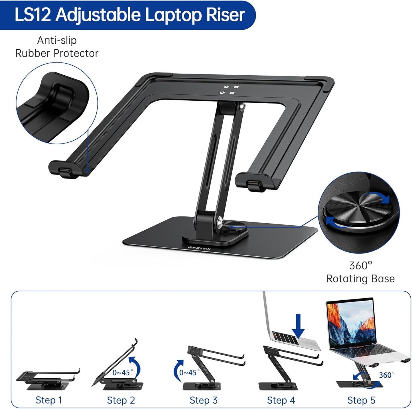 BESIGN LS12 Laptop Stand with 360° Rotating Base, Ergonomic Adjustable Notebook Holder, Riser Holder Computer Stand Compatible with Air, Pro, Dell, HP, Lenovo More 10-14" Laptops (Black)