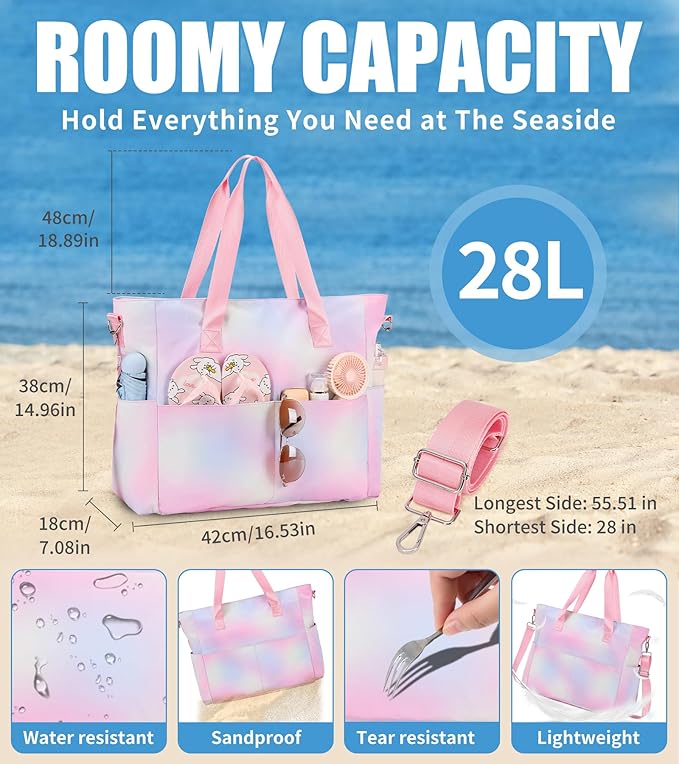 Beach Bags for Women, Large Waterproof Sandproof Swim Pool Bag with Dry Wet Seperated Pocket Utility Tote Bag