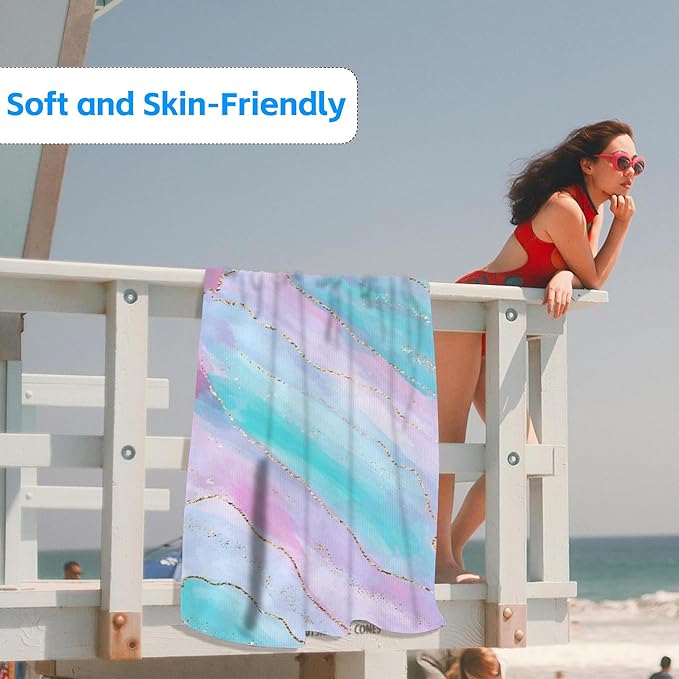 Microfiber Beach Towels,Watercolor Pink Blue Marble with Golden Stripe Oversized Absorbent Bath Towels,Soft Quick Dry Thin Camping Towel for Adults Women Men,29.5"×59"