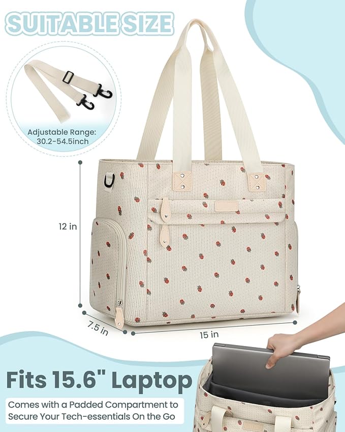 Large Travel Diaper Bag Tote with 14 Inch Laptop Sleeve, Breast Pump Bag for Mom and Dad, Mommy Maternity Travel Baby Bag for Boys and Girls, Strawberry