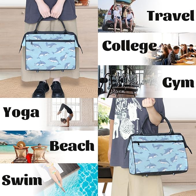 Overnight Weekender Bags for Women Men, Cute Cartoon Blue Dolphin Waterproof Travel Carry On Duffel Bag, Lightweight Sports Gym Bag for Fitness, Workout, Travel