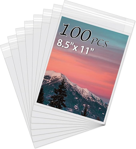 Acid-Free Picture Sleeves, 100Pack Crystal Clear Storage Bags for 8.5x11 Art Prints, Pictures, Photos, Frame Mats (Bag Size: 9 x 11 3/8")