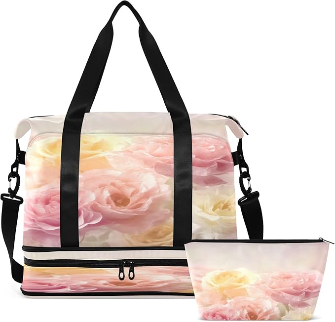 Travel Duffel Bags for Women Watercolor Roses Sports Duffel Bags Gym Bags with Shoes Compartment Tote Bag Weekender Bag for Travelling