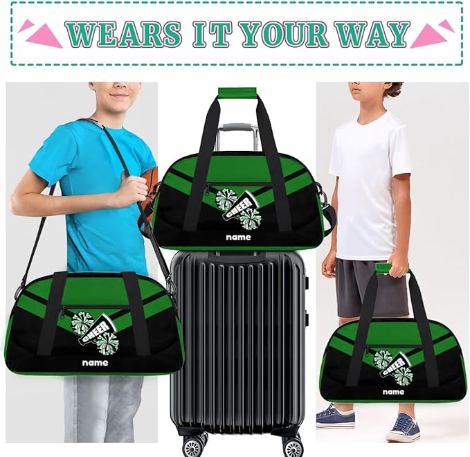 Custom Name Black Green Cheerleading Squad Gym Travel Duffle Bag with Front Zipper Pocket Personalizedfor Sports Bag for Overnight, Weekender, Carry On,Workout & Dance, 18.9 * 8.7 * 10.6 in