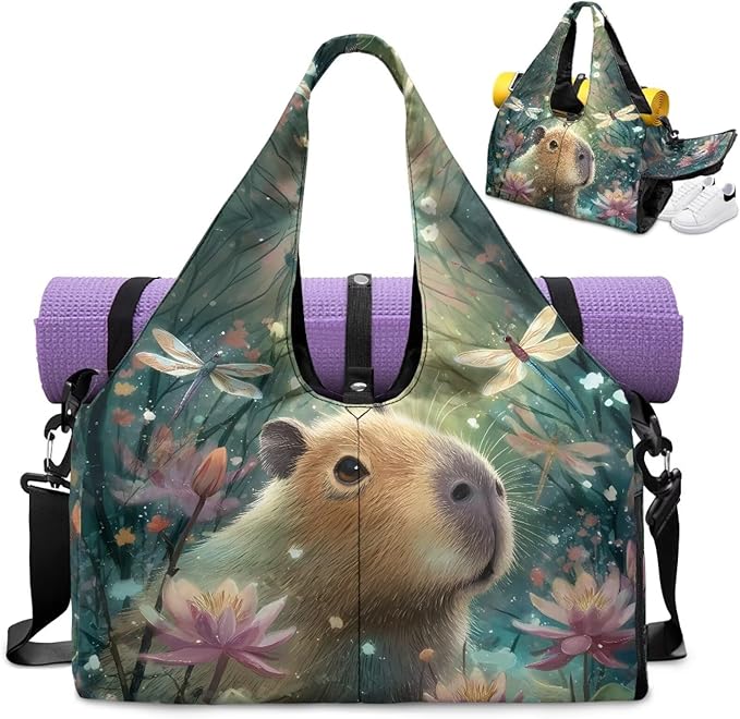 Capybara Dragonfly Sport Travel Duffle Bag with Shoe Compartment Women's Large Tote Bag for Beach Swim Airplane Weekender Carry on Bags Ladies Overnight Organizer