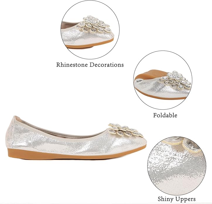 Flats Shoes for Women Rhinestone Wedding Ballerina Shoes Foldable Sparkly Comfort Slip on Flat Dressy Flats