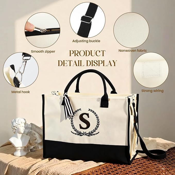 Personalized Canvas Tote Bag for Women Makeup Pouch Initial Beach Bag Removable Bottom Board for Travel Birthday