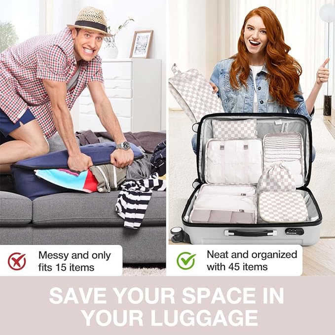 8 Set Packing Cubes for Suitcases, Packing Cubes with Shoe, Cosmetics, Clothing, Accessories Bags for Travel Luggage Organizer Women Men(Light Pink Checkered)