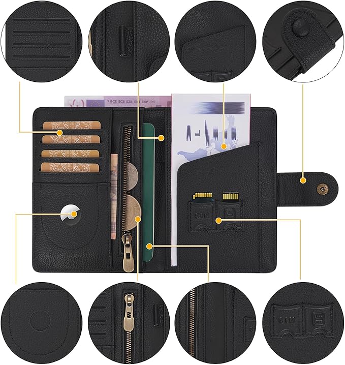 WASON Leather Passport Cover Wallet - Travel Passport Holder with RFID, Card Slots, Cash Pocket, Coin Purse, Tracker Slot, Boarding Pass and Ticket Organizer for Men and Women (Black)