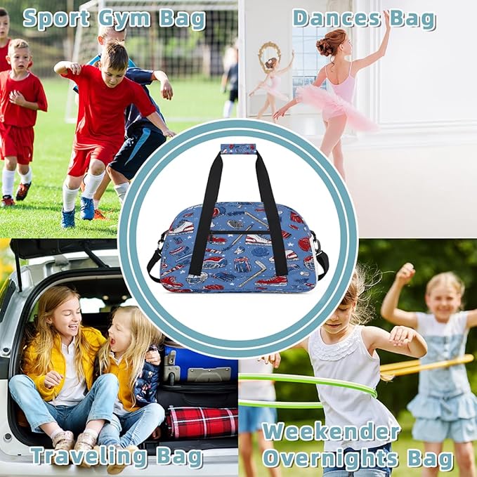 Kids Duffle Bag Girls Boys Cartoon Hockey Sports Roller Skates On Blue Weekender Overnight Bag,Lightweight Duffel Bags for Traveling Gym Sport Dance