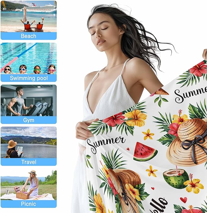 Summer Tropical Plants Beach Towel 35" x 71" Hibiscus Flowers Watermelon Pattern Quick Dry Sand Free Pool Towels Soft & Absorbent Compact Towels Beach Accessories for Travel Bathroom Swimming Pool