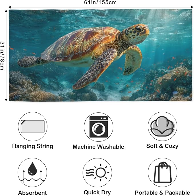 Sea Turtle Summer Animal Beach Towel, Large Microfiber Quick Dry Lightweight Pool Bath Towels Sand Free Beach Blanket for Summer Cruise Yoga Camping Travel Vacation Essentials 31 x 61 in