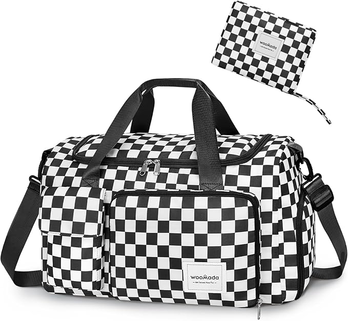 WOOMADA Foldable Travel Duffel Bag for Women, Weekender Bags with Shoes Compartment,Overnight Bag with Wet Pocket & Trolley Sleeve(black&white checkboard)