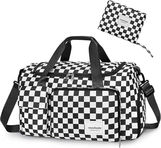 WOOMADA Foldable Travel Duffel Bag for Women, Weekender Bags with Shoes Compartment,Overnight Bag with Wet Pocket & Trolley Sleeve(black&white checkboard)