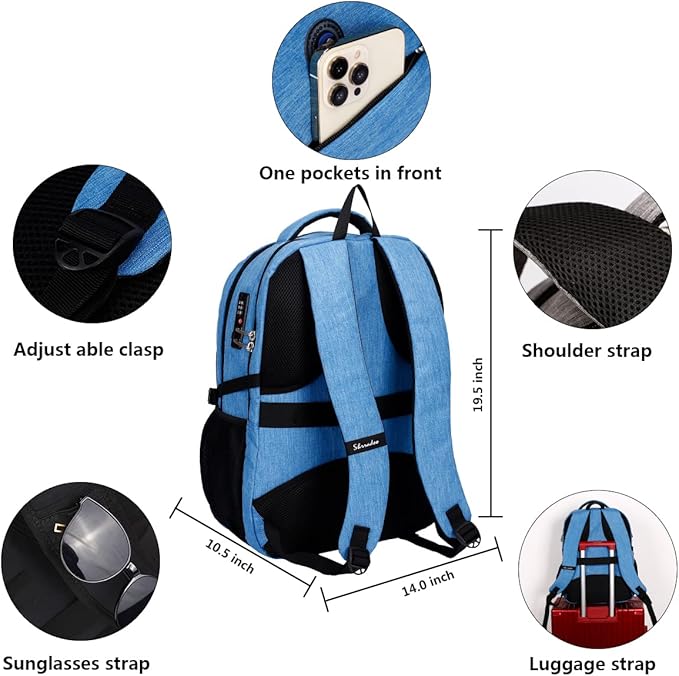 SHRRADOO Anti Theft Laptop Backpack Travel Backpacks with Combination Lock for Women Men High School College Backpack Computer Bag Fits 17 Inch Laptop,Sky Blue