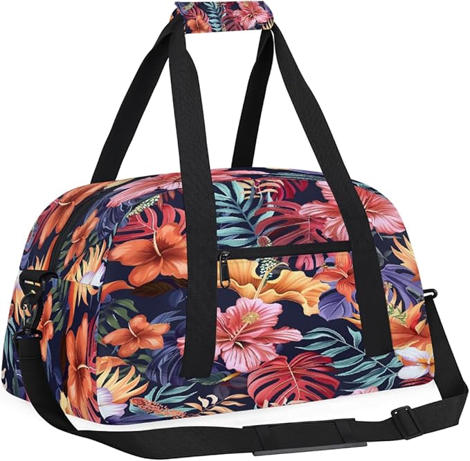 Travel Duffle Bag, Navy Tropical Flower Waterproof Weekender Overnight Bags for Women Men Lightweight Carry on Duffle Gym Bag for Travel, Sports, Fitness, Workout