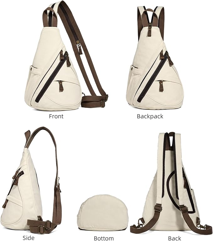 KL928 Canvas Sling Bag - Small Crossbody Backpack Shoulder Casual Daypack Rucksack for Men Women(Large Version,Beige)