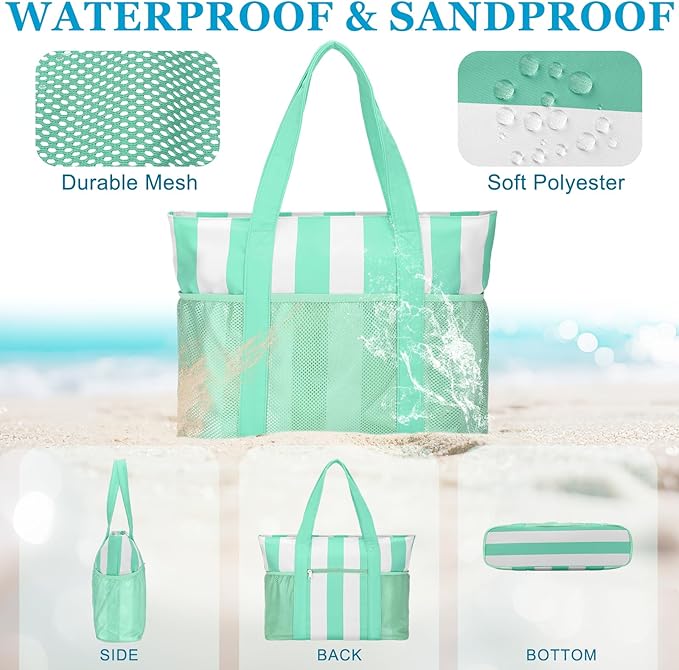 VASCHY Beach Bag for Women, Foldable Waterproof Sandproof Beach Tote with Zipper/Mesh Pockets for Vocation/Cruise/Gym/Travel
