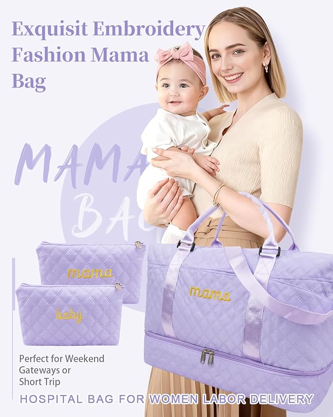 Mama Baby Pregnancy Hospital Bag Essentials for Women Labor Delivery Diaper Organizer with Shoe Compartment,2 Waterproof Toiletry Pouch Travel Duffle Bag for Mommy Weekender Overnight Gym Gifts,Purple