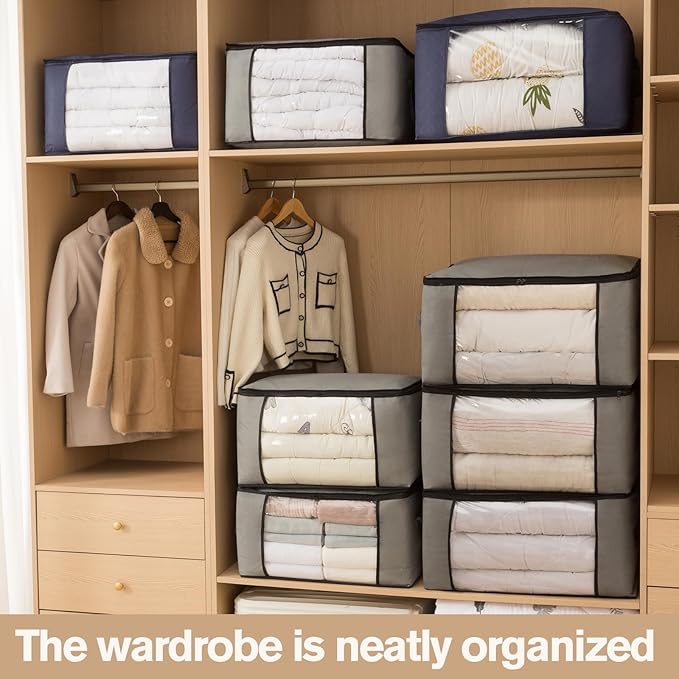 Large Storage Bags, Clothes Storage Bins Foldable Closet Organizers Storage Containers with Durable Handles Thick Fabric for Blanket Comforter Clothing Bedding(grey, 60L (4Pick)