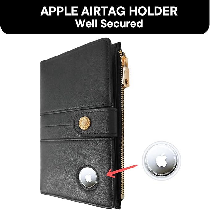 elzama Women's RFID Blocking Passport Wallet, Black with Airtag Holder, Includes Keychain & Pen Holder, Zippered, 11 Pockets, Faux Leather, Slim