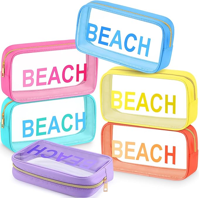 Cunno 6 Pcs Clear Beach Makeup Bag Beach Vacation Essentials Nylon Clear Travel Pouch Cosmetic Sunscreen Bags Swim Pouch Waterproof PVC Organizer Summer Travel Toiletry Case for Women