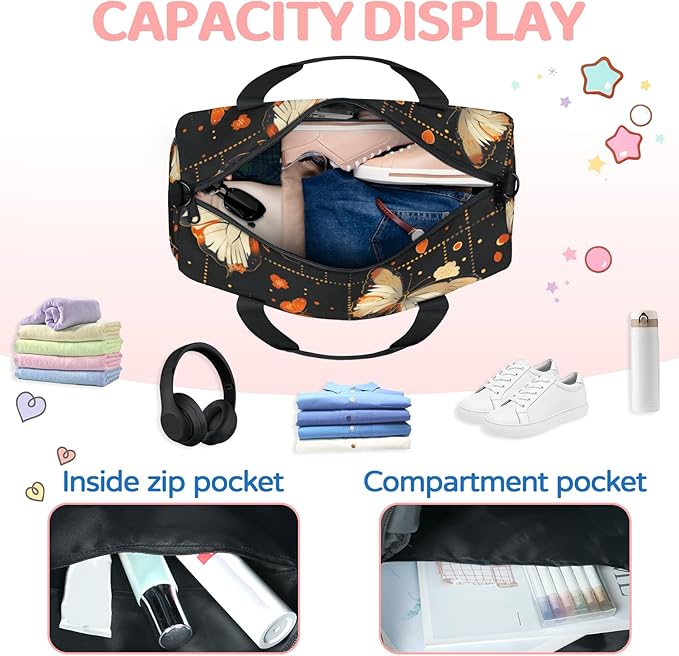 Orange Butterflies Overnight Travel Bag Unisex Carry-On Size Tote Bag Suitable for Travel Duffle Gym Sports