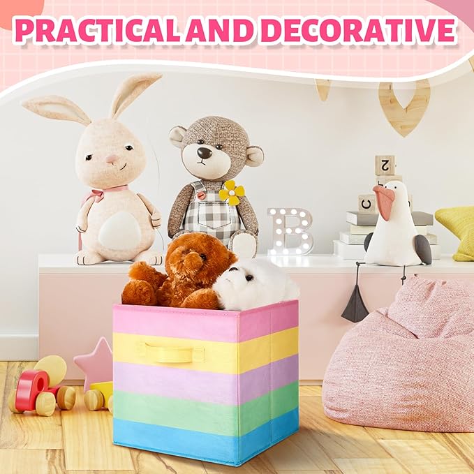 Yinder 12 Pcs Cube Storage Bin Rainbow Colorful 11'' Storage Bins for Playroom Decor Colorful Bins for Kids Foldable Baskets for Nursery Organizer Boxes Fabric Boxes