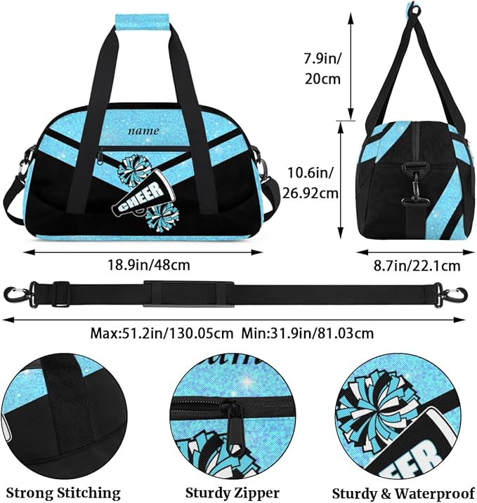 Custom Name Black Blue Cheerleading Gym Travel Duffle Bag with Front Zipper Pocket Personalizedfor Sports Bag for Overnight, Weekender, Carry On,Workout & Dance, 18.9 * 8.7 * 10.6 in