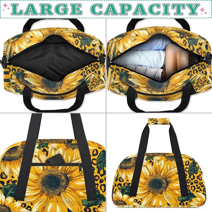 Leopard Yellow Sunflower Gym Travel Duffle Bag for Women & Men with Front Zipper Pocket for Sports, Overnight, Weekender, Carry On,Workout & Dance Bag,Yellow Flower Floral,18.9 * 8.7 * 10.6 in